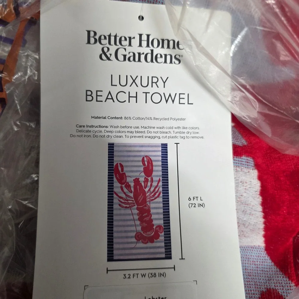 Better Homes & Gardens Luxury Beach Towel Red Lobster Blue Striped 38x72 NEW
